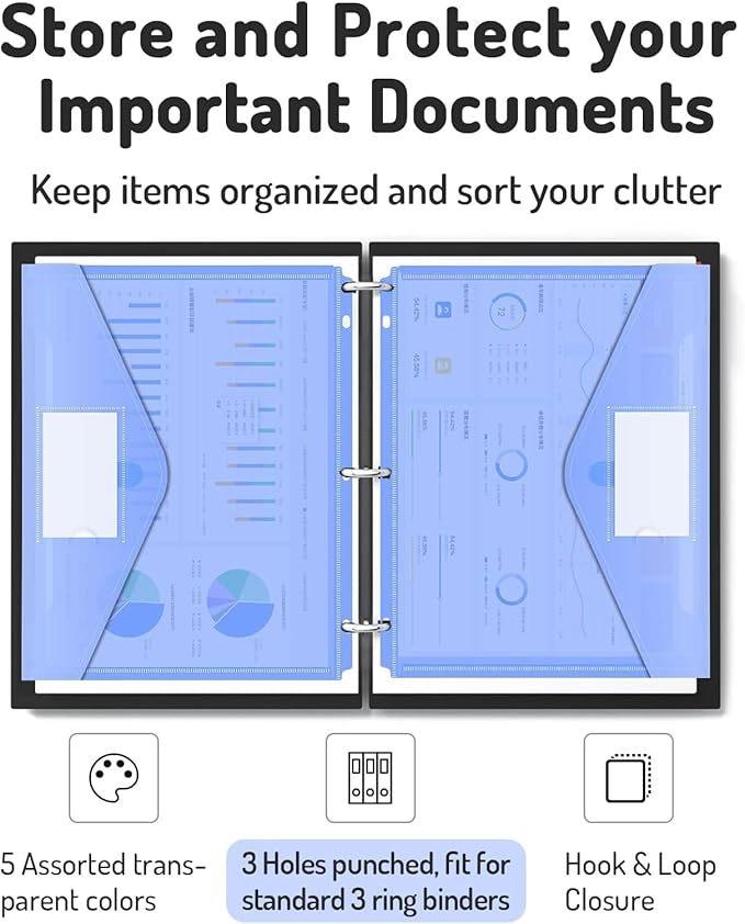 Forvencer Binder Pocket, 48 Pack Super Heavyweight Poly Binder Pocket with Tight Closure, File Folders Side Loading, 3 Ring Binder Organizer, Letter Size, Assorted Colors