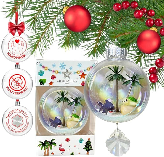 Shark & Turtle Christmas Ornament - Handmade Shatterproof Decorations for Indoor Outdoor Xmas Tree - Clear Ball Ornaments with Magnetic Crystal - Great Gift or Stocking Stuffer for Mom, Sister, Friend