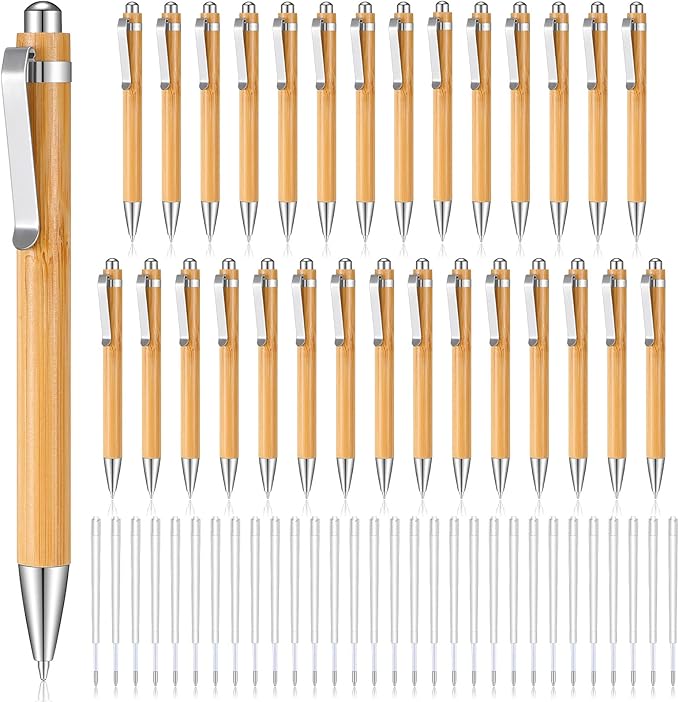 Fainne Bamboo Retractable Ballpoint Pen Engraving Wooden Black Ink 1mm Thank You Wooden Pens Writing Office School Supplies for Teacher Coworker Student Journal Graduation Gifts(30 Pcs)