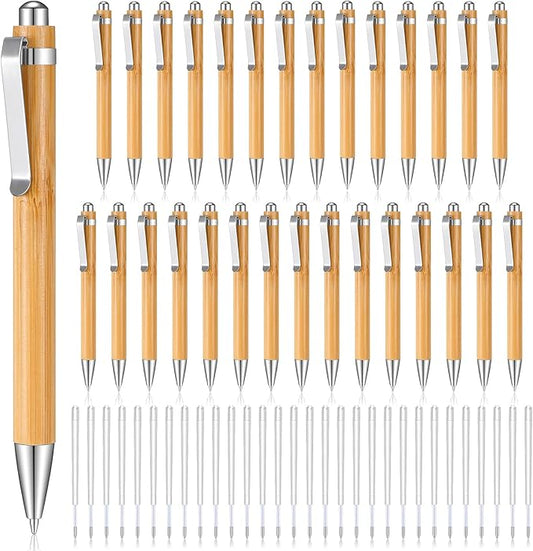 Fainne Bamboo Retractable Ballpoint Pen Engraving Wooden Black Ink 1mm Thank You Wooden Pens Writing Office School Supplies for Teacher Coworker Student Journal Graduation Gifts(30 Pcs)