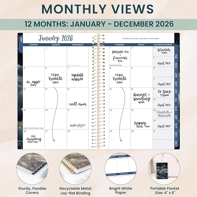 bloom daily planners 2026 Pocket Planner - 4” x 6” - (January 2026 - December 2026) - MINI Weekly/Monthly Agenda Organizer & Calendar Book - Midnight Sky