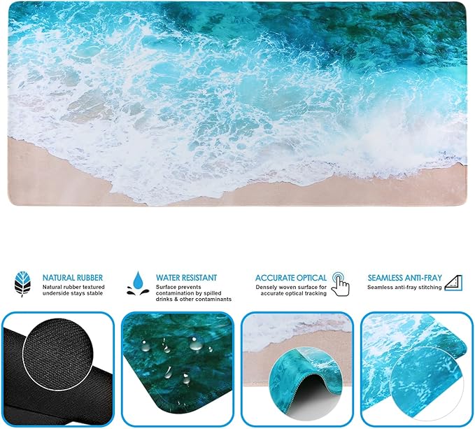 iCasso Keyboard Mouse Pad Set,Extended Gaming Mouse Pad + Keyboard Wrist Rest Support, Memory Foam, Easy Typing Pain Relief, 3Pcs (35.4×15.7 in) Large Ultra Thick Mousepad Desk Mat (Beach)