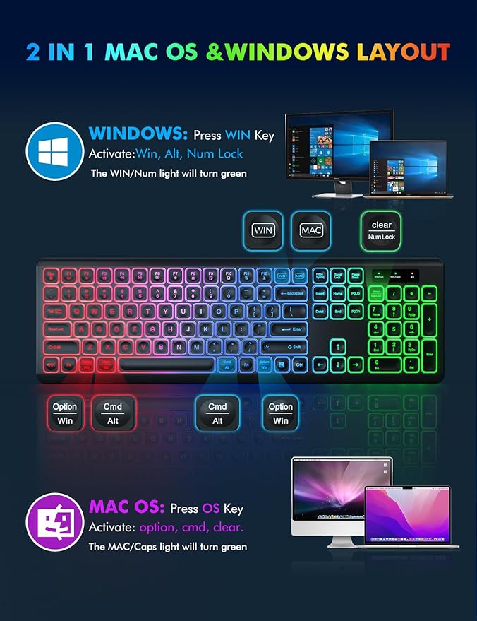 Wireless Keyboard and Mouse Combo - RGB Backlit, Rechargeable & Light Up Letters, Full-Size, Ergonomic Tilt Angle, Sleep Mode, 2.4GHz Quiet Keyboard Mouse for Mac, Windows, Laptop, PC