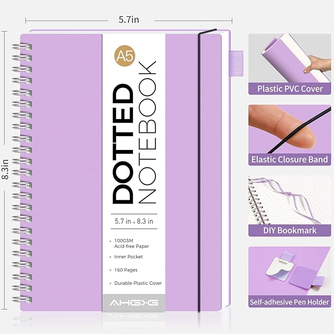 AHGXG Bullet Dotted Journal - Dot Grid Spiral Notebook A5, 160 Pages, 100 GSM Thick Paper, Waterproof Plastic Cover Journals for Bullet Journaling, Sketching, 5.7" x 8.3", Purple
