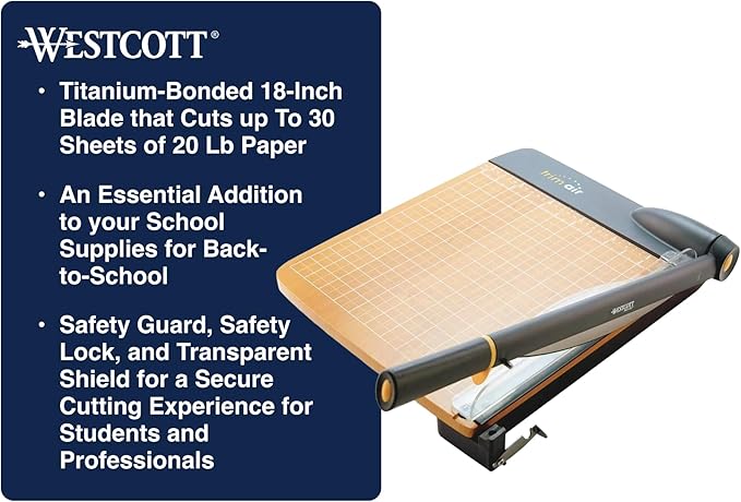 Westcott TrimAir Guillotine Paper Cutter, Paper Trimmer with Sharp and Durable Titanium-Bonded Blade, Maximum Safety Features, 18-Inch, Back to School, School Supplies, Classroom