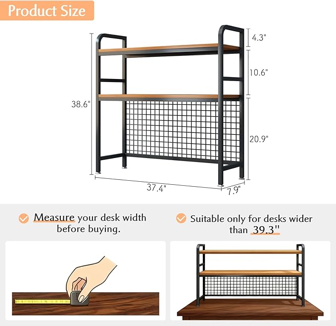 IOTXY 2-Tier Desktop Hutch Bookshelf - Metal Desk Shelf Bookcase with Grid Panel, Countertop Storage Organizer Rack for Dorm or Office, Black, 37.4" W