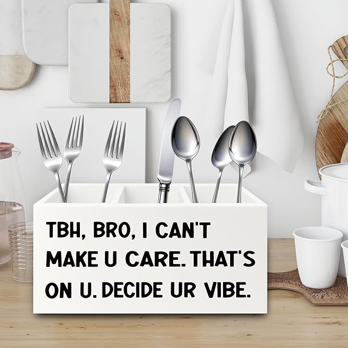 Funny Pen Pencil Holder Organizer for Desk, High School Classroom Decor, Funny Tbh Bro I Can't Make U Care Wooden Box Sign for Home Office Classroom Desk Tabletop Decorations