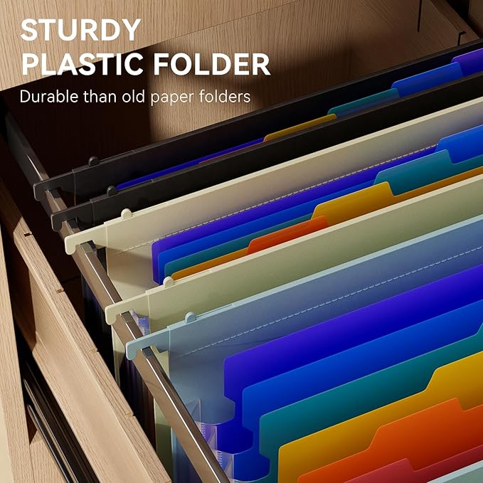 ThinkTex Plastic Expanding Hanging File Folders, 7 Innovative 1.2" Accordion Pockets, Large Capacity, Multi-Color Tabs, Letter Size for Filing Cabinet - 3 Packs 3 Colors