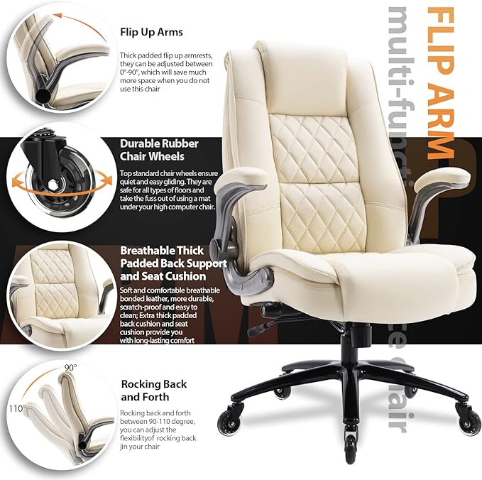 EZAKI High Back Office Chair-Flip-up Arms Executive Computer Desk Chair, Built-in Lumbar Support Thick Padded Adjustable Rock Tension Ergonomic Design for Back Pain (Beige)