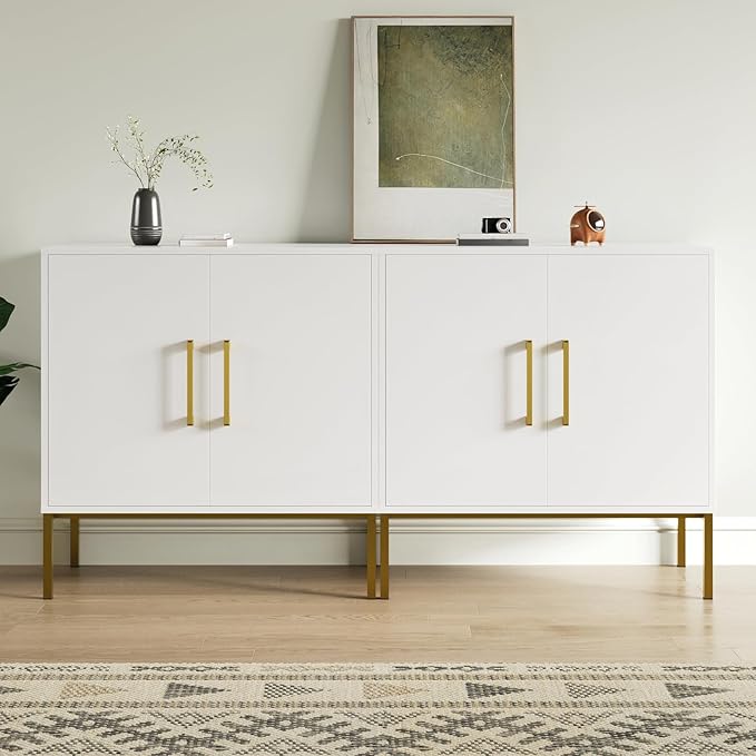 LYNSOM Storage Cabinet with Doors, Set of 2, Modern Buffet Cabinet with Storage, Kitchen Sideboard Buffet, White Wood Accent Cabinet for Living Room, Bedroom, Hallway, Entryway, Office, White