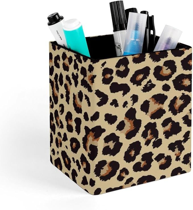 Square Pen Holder & Pencil Organizer for Desk - Office Storage Organizer, Markers/Makeup Brushes/Scissors Holder, Compact Desk Decor Accessories for Home Classroom School(Leopard grain)