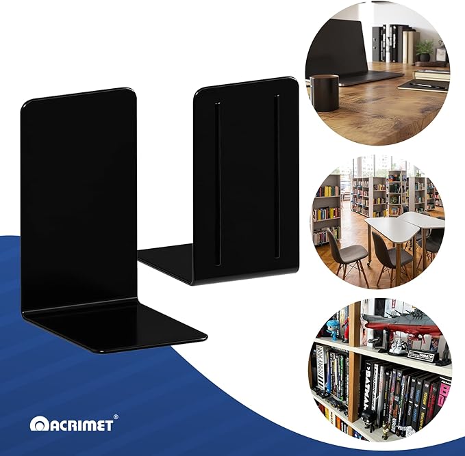 Acrimet Plastic Bookends for Bookcases, Shelves and Desktop, Plastic Book Holders (Black Color) (1 Pair)
