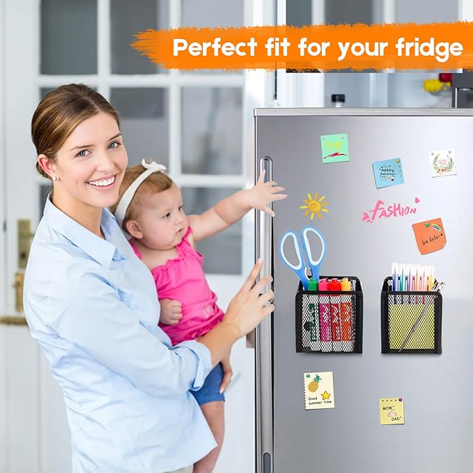 Ameceres Magnetic Pencil Holder - Extra Strong Magnets Mesh Marker Holder Perfect for Whiteboard, Refrigerator and Locker Accessories (1 Basket, 2 Packs Black)