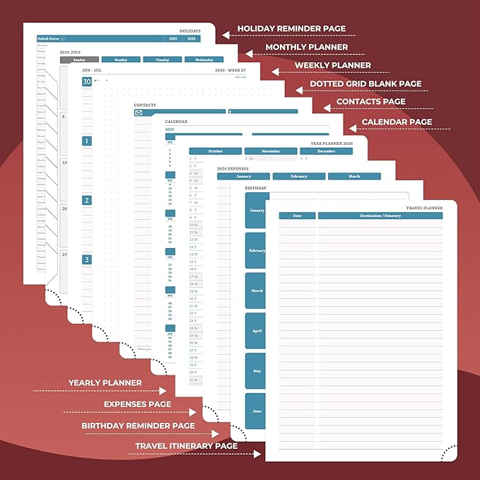 Planner 2025-2026 Daily Weekly and Monthly,11.5"x8.5",18 Months Spiral Bound Calendar Agenda with Self-adhesive Pen Holder,2026 Academic Plan with Vegan Leather Soft Cover,Red