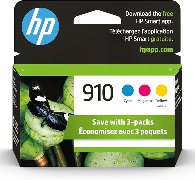 HP 910 Cyan, Magenta, Yellow Ink Cartridges for HP Printers (3-pack) | Works with Printer Series: OfficeJet 8010, 8020 Series, OfficeJet Pro 8020, 8030 | Eligible for Instant Ink | 3YN97AN