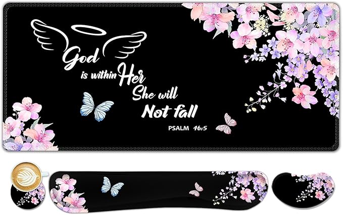 ARTSO Large Mouse Pad Keyboard Wrist Rest Support Combo, Memory Foam Wrist Pad, Extended Desk Mat Protector, God is Within Her Desk Blotter, Psalm Flower Butterfly