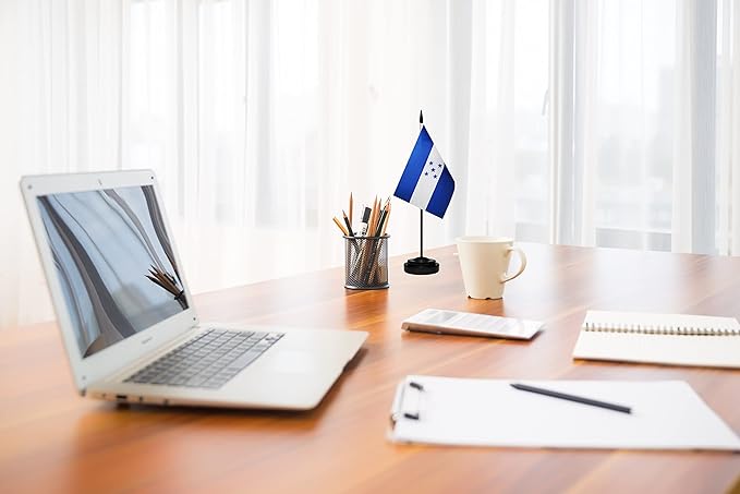 Honduras Honduran Deluxe Desk Flag Set Small Mini Miniature Honduras Honduran Table Desktop Flags With Solid Pole, Black Base and Spear Top (2 Pack)