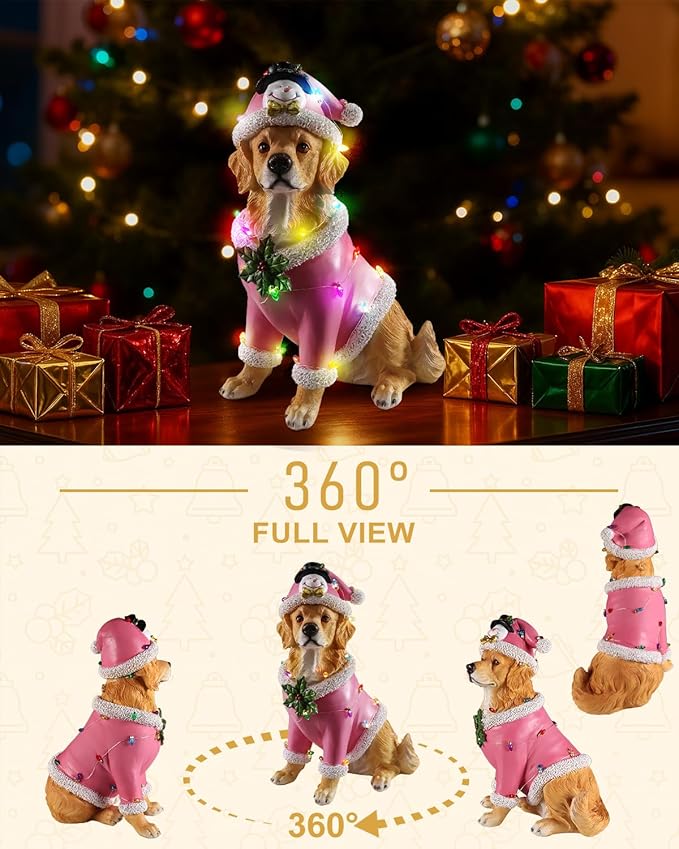 Christmas Outdoor Decoration Dog Statue, LED Light Cute Golden Retriever Dog Sculpture with Pink Santa Outfit & Lights for Garden and Yard, Indoor Holiday Décor Gift for mom and dad