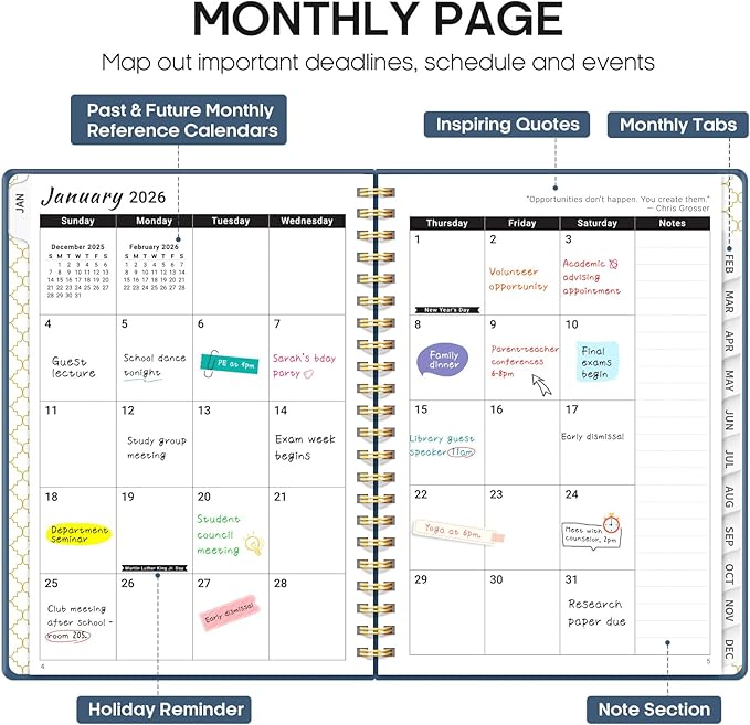 2026 Planner, Weekly and Monthly Calendar Planner, January 2026 - December 2026, Hardcover 2026 Calendar Planner Book with Tabs For Women & Men, Inner Pocket, Spiral Bound, Perfect for Office Home School Supplies - A5 (6.3" x 8.5"), Navy