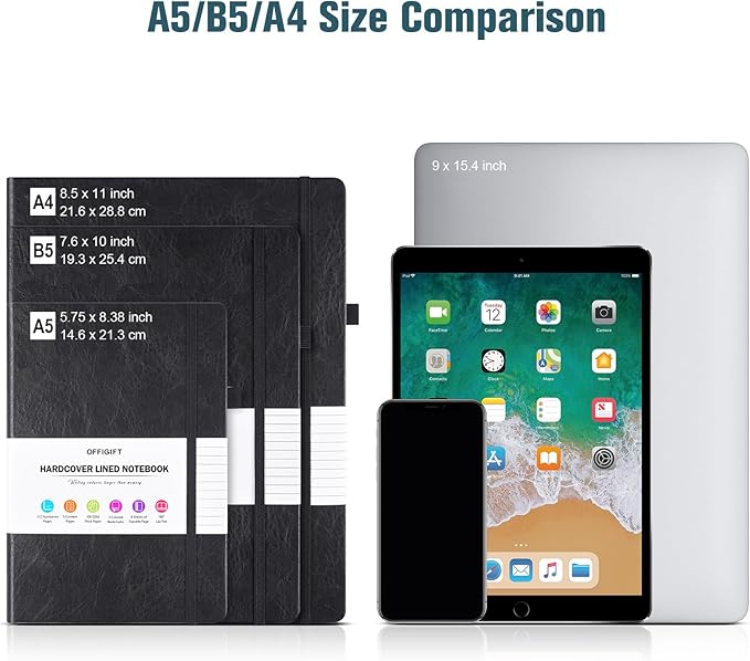 Lined Journal Notebook, Large A5 College Ruled Notebook, 312 Numbered Pages Work Notebook with Index Stickers, 100gsm Paper, Hardcover Vegan Leather Journal for Women Men School Office, Grey Blue