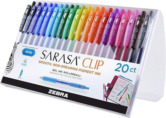 Zebra Pen Sarasa Clip Retractable Gel Pen, 0.5mm Fine Point, Rainbow Assorted Colors, Ideal for School Supplies and Teacher Supplies, 20-Pack (47220)