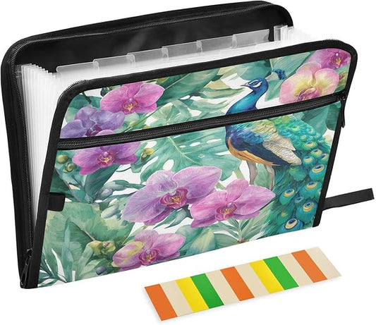 Peacocks and Purple Flowers Expanding File Organizer with 13 Pockets Accordion File Folders with Labels,Portable Document Paper Bill Receipt Organizer,Home College School Office Supplies, Lette