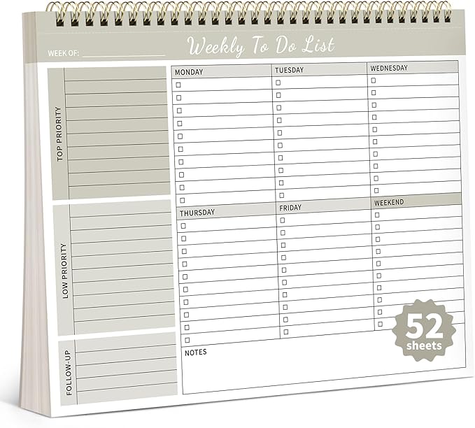 Weekly To Do List Notepad, 52 Undated Sheets 100 GSM（8.5"×11") Duplex-Printed Weekly Desk Planner For Work Home School Office Desk Accessories Supplies & Goal Setting Tasks -Beige