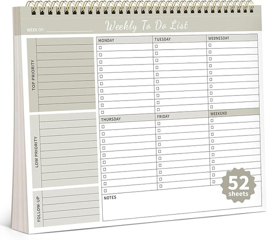 Weekly To Do List Notepad, 52 Undated Sheets 100 GSM（8.5"×11") Duplex-Printed Weekly Desk Planner For Work Home School Office Desk Accessories Supplies & Goal Setting Tasks -Beige