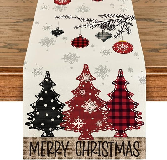 Artoid Mode Red Pine Trees Merry Christmas Table Runner, Winter Xmas Holiday Kitchen Dining Table Decoration for Home Party Decor 13x90 Inch