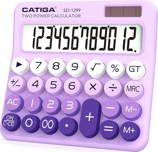 CATIGA Mechanical Switch Calculator with Solar and Battery Dual Power, 12-Digit Large LCD Display, Aesthetic and Cute Desktop Calculator with Big Button, for Home, School and Office Use, SD-1299
