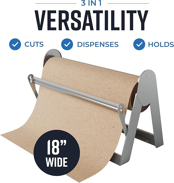 Bryco Goods 18 Inch Paper Roll Dispenser and Cutter, Wall Mountable & Non-Slip Tabletop, Heavy-Duty Steel Frame – Kraft, Butcher, Freezer, Wrapping Paper Holder – for Home, Office, Craft Projects