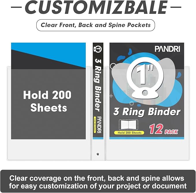 3 Ring Binder 1 Inch, PANDRI 12 Pack 1-Inch Binder Fits Letter Size 8.5'' x 11'' Paper, Versatile Binders for Office Home School, 2 Pockets, White