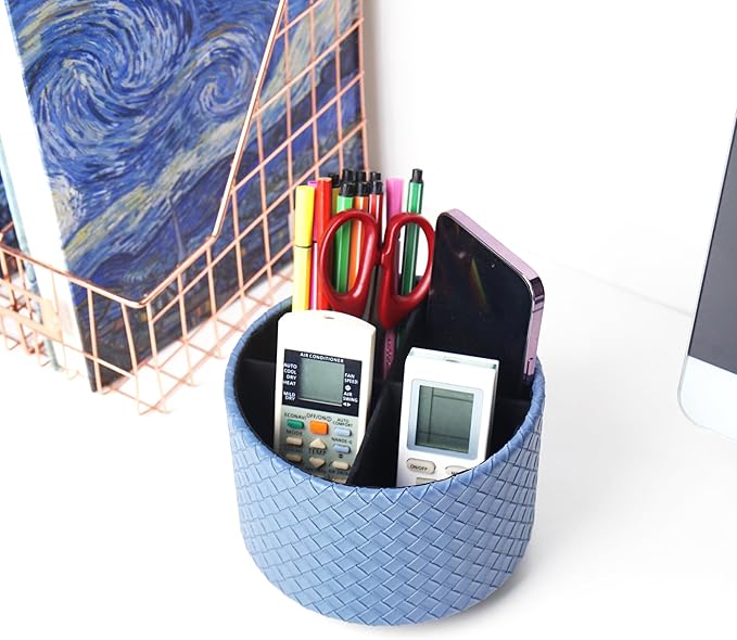 Hennaja Round Leather Art Supply Organizer,Remote Control Holder,360 Degree Spinning,Multi-Functional Pencil Holder,4 Compartments Desktop Stationary Organizer(1-Weave Blue)