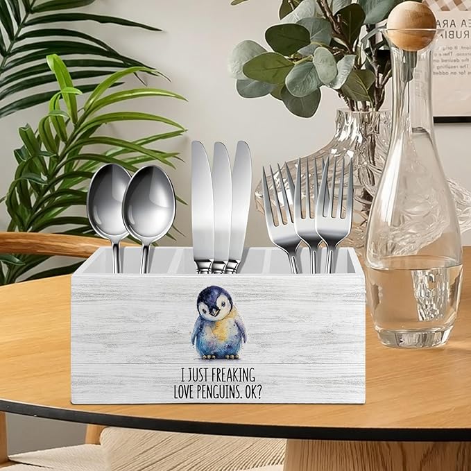 Penguin Gifts Pen Pencil Holder Organizer for Desk Accessories, I Just Freaking Love Penguins Okay Wooden Box Sign Desk Decor for Office Decoration, Cute Penguin Gifts for Women Men
