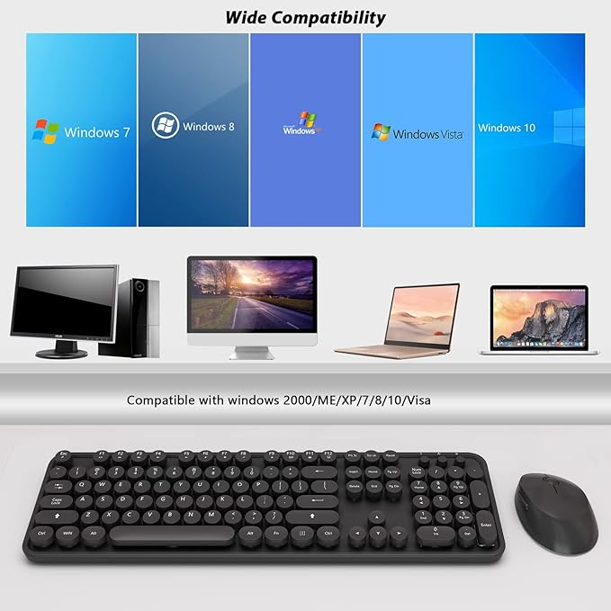 Wireless Keyboard and Mouse Combo, Cute Full Size 104-Key Typewriter Retro Round Keycaps Keyboard for PC Laptop,Windows,Desktop,Perfer for Home and Office Keyboards (Black)