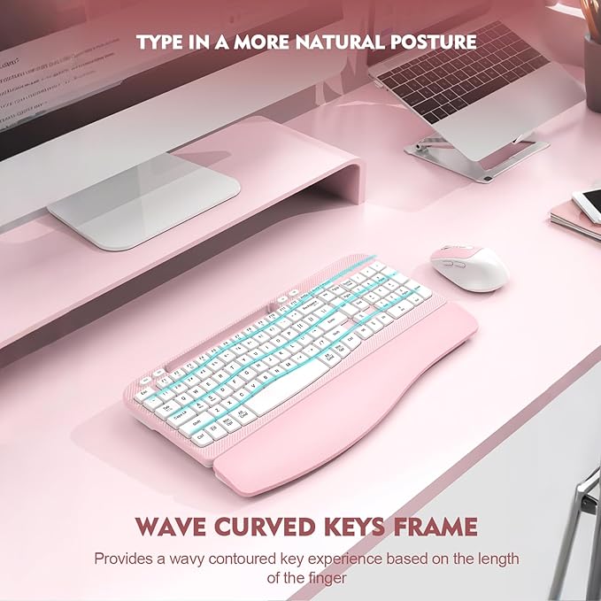 Wireless Keyboard and Mouse Combo, Wave Keys Full-Sized Ergonomic Keyboard with Cushioned Plam Rest, Phone Holder, Comfortable Natural Typing, 2.4G Cordless Set for Computer, Laptop, PC, Mac, Windows