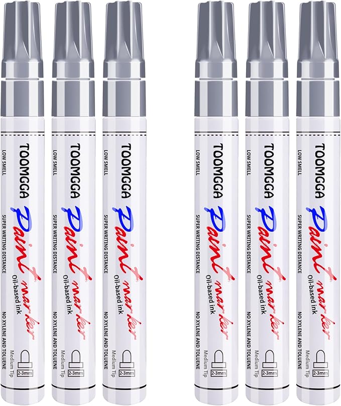 Silver Paint Pens Paint Markers - 6 Pack Permanent Markers Oil Based for Metal Wood, Pens for Metal, Car Tyre,Wood, Plastic, Rock Painting, Glass, Craft Supplies,Waterproof
