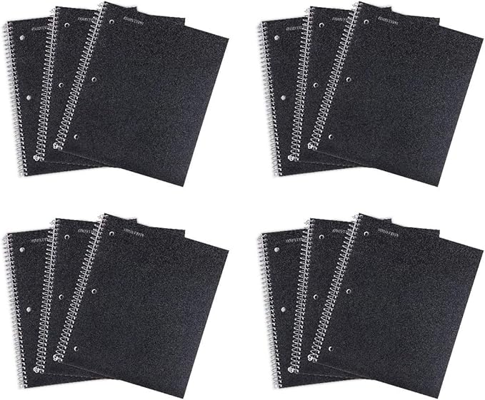 Mintra Office Durable Spiral Notebooks, 1 Subject, (Black, Wide Ruled 12pk), 100 Sheets, Poly Pocket, Moisture Resistant Cover, School, Office, Business, Professional