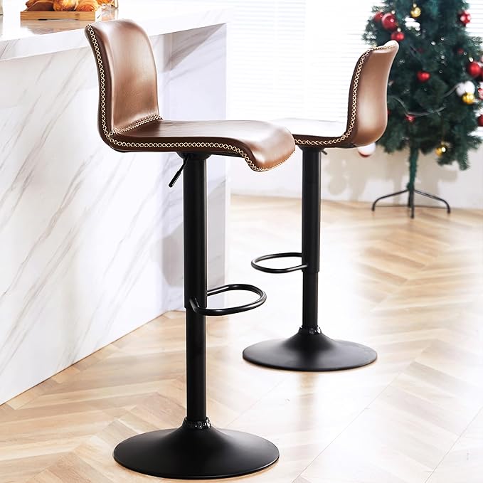 HeuGah Swivel Bar Stools Set of 2, Adjustable Counter Height Barstools with Back, Brown Faux Leather Bar Chairs for Kitchen Island (Brown, Set of 2 (24'' to 32''))