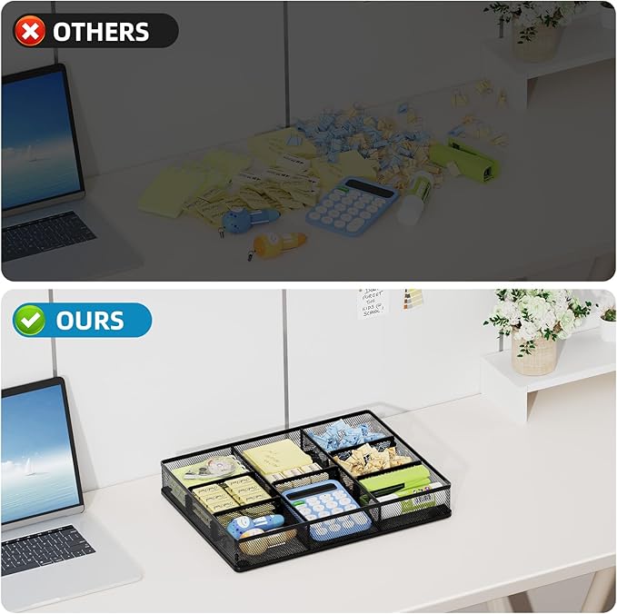 Marbrasse 2Pack Desk Drawer Organizer, Metal Mesh Drawer Organizer Tray with 5 Adjustable Compartments,Desk Organizers and Accessories for Home,Office,Kitchen,Makeup,Vanity (Black)