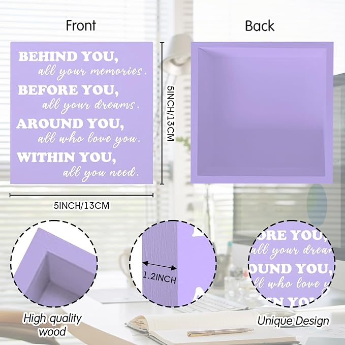 Behind You All Your Memories Purple Wooden Box Block Sign Graduation Quote Decor Desk Sign Purple Positive Office Decor for Women Desk Cubicle Decoration Grad Gift