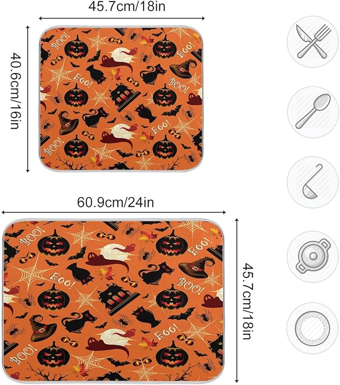 Happy Halloween Pumpkins Spooky Dish Drying Mat for Kitchen Counter 16 x 18 Inch Spider Web Cat Absorbent Microfiber Dry Dishes Mats Drainer Mat Dish Drying Pad for Countertops Decor