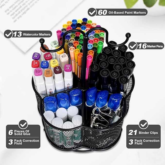 360 Degree Rotate Pen Holder for Desk Mesh Desk Pen Organizer Pencil Holder Large Capacity Accessories & Workspace Organizers for School,Home (Black, With hook)