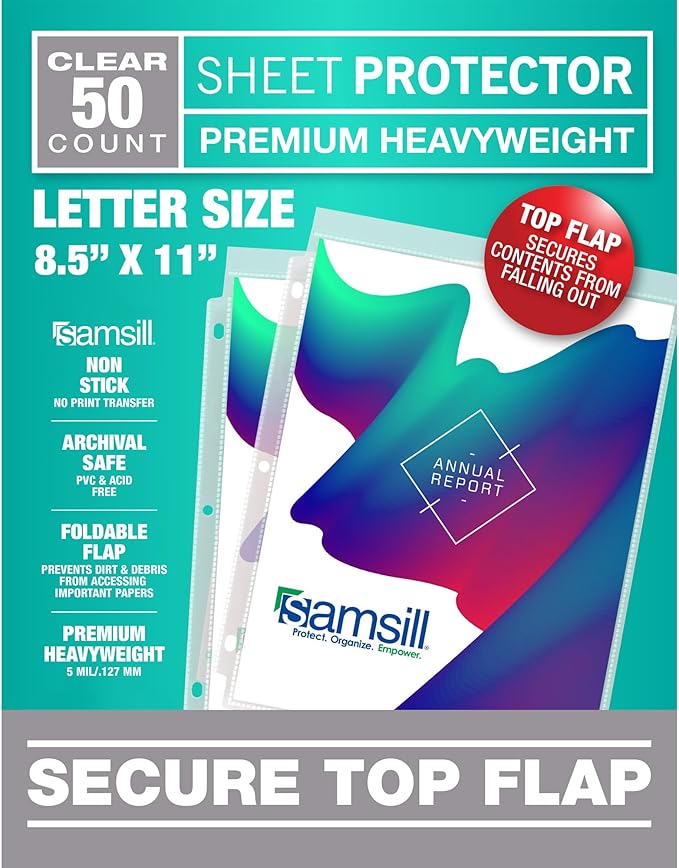 Samsill Sheet Protectors, 8.5x11 Inch Page Protectors for 3 Ring Binder, Super Heavy Duty, Secure Top Flap Protector, Letter Size, Top Loading, Acid Free, 50 Pack