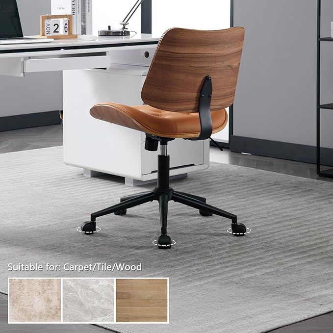 Armless Home Office Chair with Wheels, PU Leather Adjustable Height Computer Desk Chair, 360 Swivel Small No Arms Chair, Modern Button Walnut Style for Office, Reading Meeting Room(Brown)