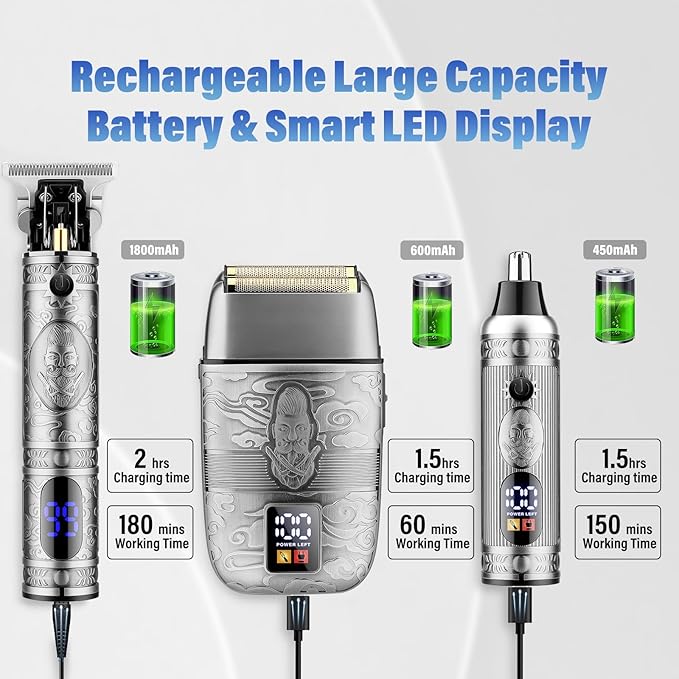 Professional Hair Trimmer Hair Clippers for Men, Nose Hair Trimmer Shaver Set,Cordless T-Blade Beard Trimmer Barber Clippers,Electric Razor Foil Shavers for Men Haircut Grooming Kit(Silver)