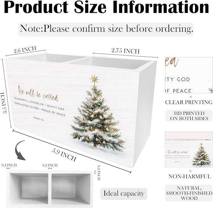 Christian Christmas Tree Pen Holder for Desk, Isaiah 9:6 Bible Verse Wooden Box Sign Desk Decor for Home Office Decoration, Glitter Xmas Tree Pencil Organizer, Christian Christmas Decor