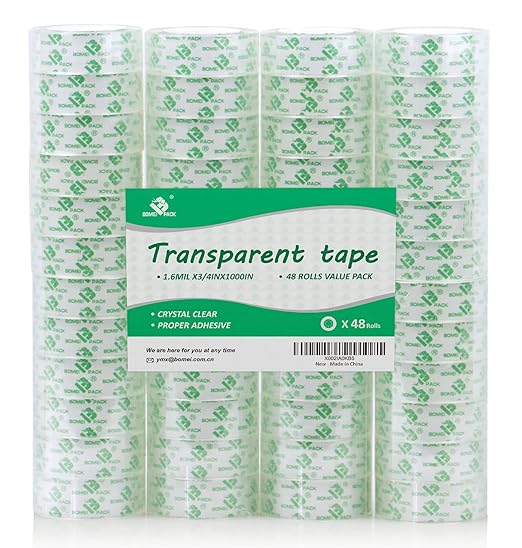 BOMEI PACK 48 Rolls Crystal Clear Transparent Tape, Stationery Tape Refills Rolls for Dispenser, 3/4 in x 1000 in,1 inch Core, Gift Wrapping Tape for Office, School and Home