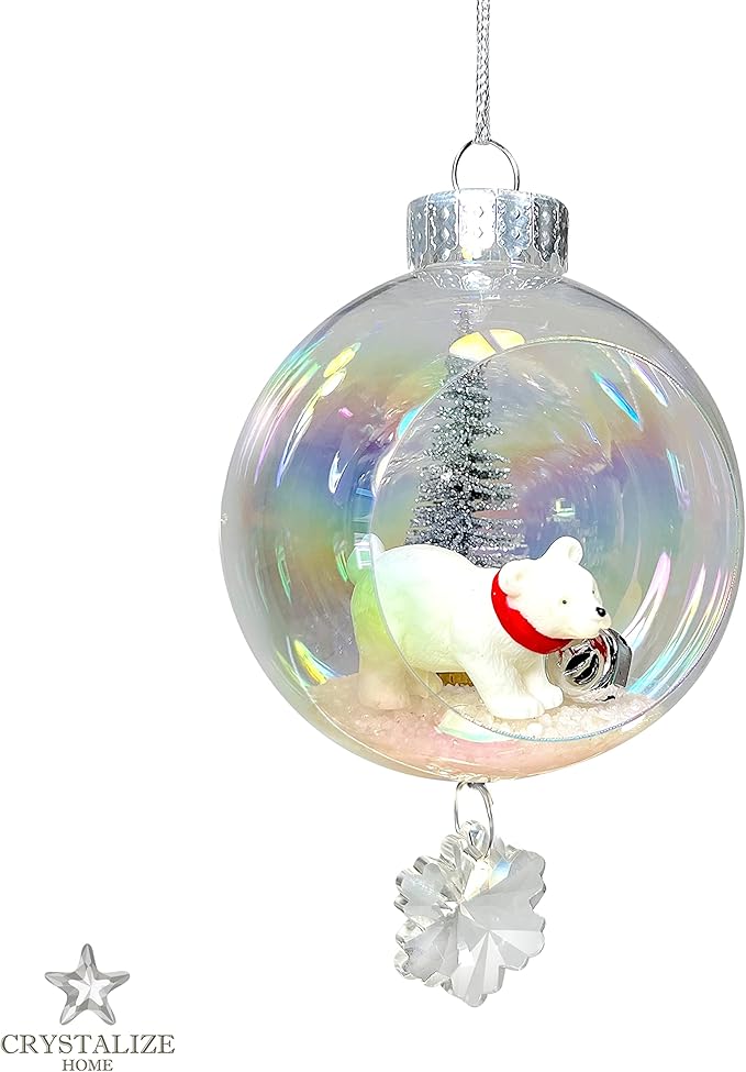 Polar Bear Christmas Ornament - Handmade Shatterproof Decorations for Indoor Outdoor Xmas Tree - Clear Ball Ornaments with Magnetic Crystal - Great Gift or Stocking Stuffer for Mom, Sister, Friend