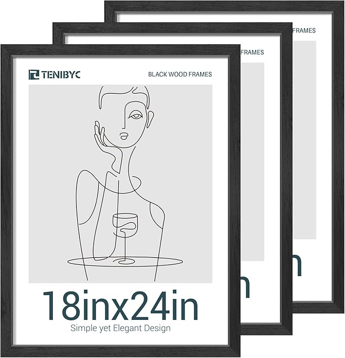 18x24 Poster Frames Set - 3 Pack - Black Solid Wood Picture Frame - Exclusive Woodgrain - Rooms, Offices, Gallery, Studio, and Hallway, Wall Display Decor